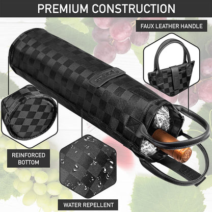 opux Wine Bag Single Bottle Carrier Tote, Insulated Travel Wine Cooler Bag for Picnic Beach Gift, Thermal Padded Portable One Bottle Holder Carrying Case for Women Men Wine Lovers, Black Square