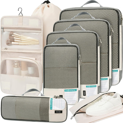 BAGAIL 4 Set/6 Set/8 Set Compression Packing Cubes Travel Accessories Expandable Packing Organizers (Half Mesh, 8-Beige)