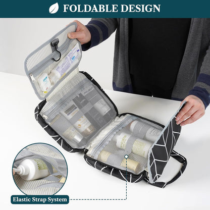 PAVILIA Hanging Toiletry Bag Travel Bag Women Men, Foldable Cosmetic Organizer, Roll up Makeup Bag, Water Resistant Accessories Toiletries, Large Travel Essentials Kit (Black Chevron)