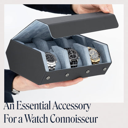 Napa Leather Watch Case for Men - Watch Roll Storage Organizer & Watch Display - Six Slot Luxury Watch Box for Home or Travel - Mens 6 Watch Holder Case (Gray Blue)