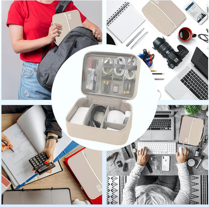 Electronics Organizer,Travel Cord Organizer Pouch, Portable Cable Organizer Bags, Waterproof Electronic Accessories Storage Case for Cables, Cords, Charger, Phone (Double Layer-Beige)