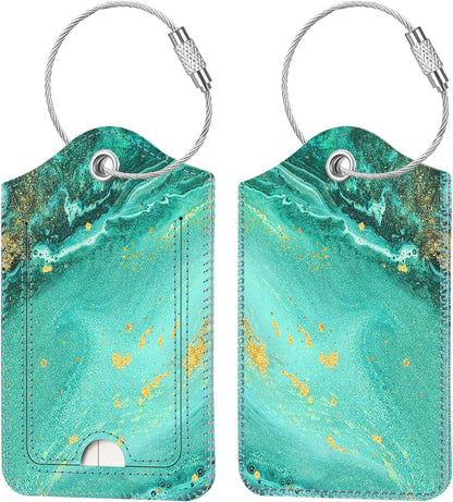 Fintie Luggage Tags, Privacy Cover ID Label with Stainless Steel Loop and Address Card for Travel Bag Suitcase, Aqua Wave (2 Piece)