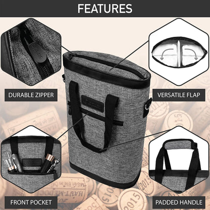opux Two Bottle Wine Bag Carrier Tote, Insulated Leakproof 2 Bottle Wine Cooler Bag for Travel BYOB Picnic, Portable Wine Case, Gift for Men Women Wine Lover Birthday Party Christmas, Heather Grey