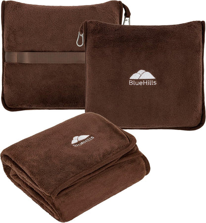 BlueHills Premium Soft Travel Blanket Pillow Airplane Blanket Soft Bag Pillow case with Hand Luggage Belt and Backpack Clip Compact Pack Large Portable Throw Air Plane Flight Travel (Brown T009)