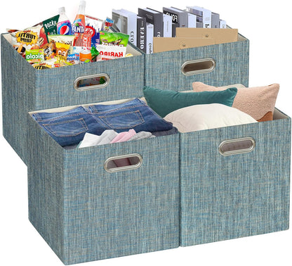 Posprica Storage Basket Bins,13×13×13 Foldable Storage Boxes Fabric Drawer Cubes for Closet Shelf Cabinet Bookcase - Set of 4,Teal