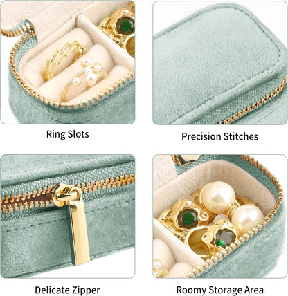 TAIMY Mini Jewelry Travel Case, Velvet Small Travel Jewelry Box, Portable Jewelry Travel Organizer Box for Rings Earrings Necklaces, Gifts for Women Girls(Mint)