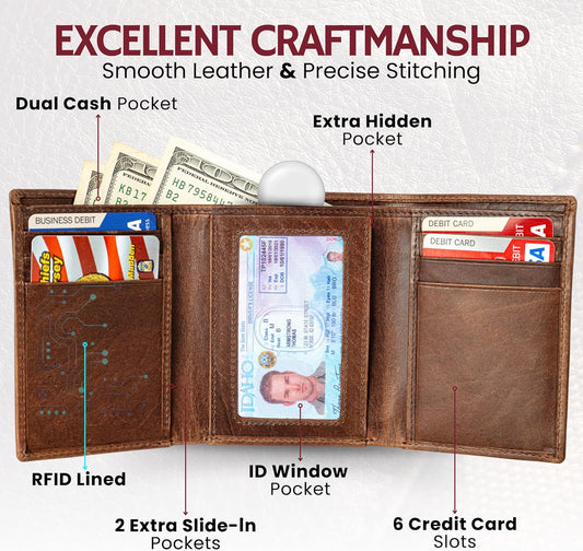 BULL GUARD Leather Trifold Wallets For Men In Grizzly Brown with ID and RFID Blocking Great For Work, Sports, Outdoors, No Logo Design