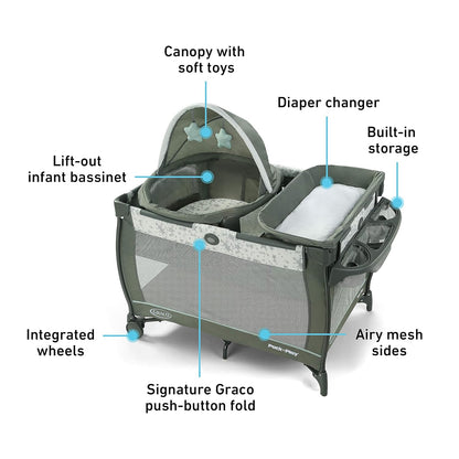 Graco Pack ’n Play Travel Dome Playard, Portable Bassinet with UV Canopy, Full‑Size Infant Bassinet, Diaper Changer