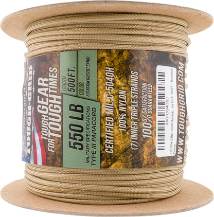 TOUGH-GRID 550 Paracord Rope Nylon Parachute Cord, Made in USA Survival Kit, Outdoor Adventures, Camping, Tactical Gear & Emergency Supplies, Military Type III Mil-Spec