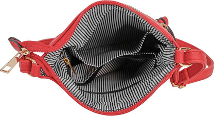 DELUXITY | Red Crossbody Bag | Women's Fashion Multi-Pocket Double Zipper Purse | Adjustable Strap | Medium Size | Perfect for Christmas