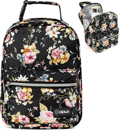 opux Lunch Box for Girls Boys Kids, Insulated Leakproof Lunch Bag, Reusable Teen Lunch Boxes for School, Medium Large lunchbox for Women Men Adult for Work with Front Back Pocket (Floral Black)