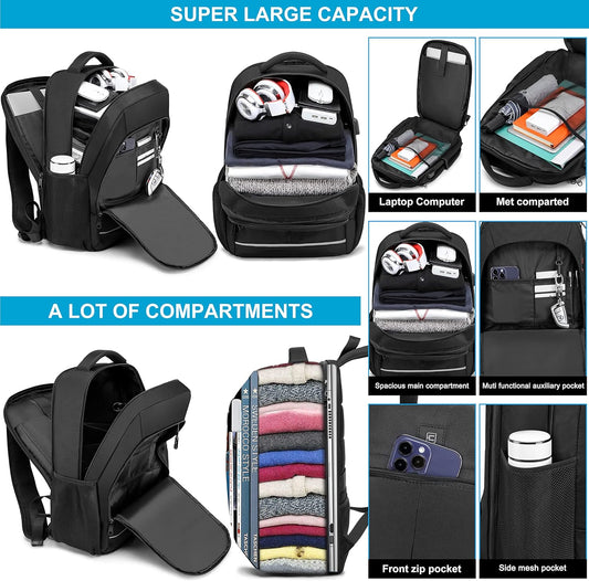 Backpack, Laptop Backpack, Carry on Backpack, Durable TSA Friendly Business Travel 17.3 Inch Laptop Backpack with USB Port, College School Bag Gift for Men Women Teens Bookbag, Black