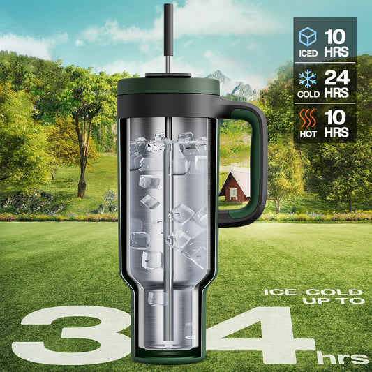 POWCAN 50 oz Tumbler with Handle, 2-in-1 Straw and Sip Lid, Leakproof, Dishwasher Safe, Insulated Stainless Steel Travel Coffee Mug, Keeps Cold for 34 Hours, Fits in Car Cup Holder (Forest)