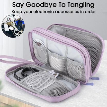 Leather Travel Electronic Organizer - Double Layer, Waterproof Case for Cables, Chargers, Phones & More - Portable, Shockproof Pouch for All Your Electronics Accessories (Light Purple, M)