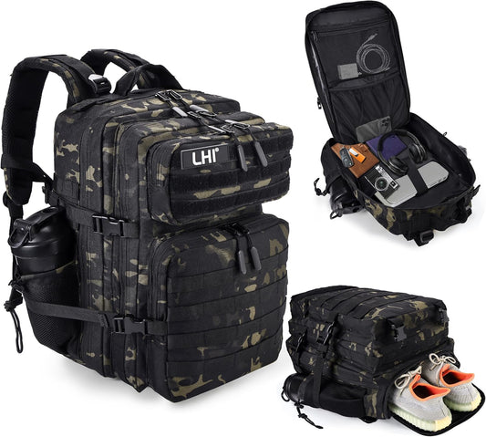 LHI Military Tactical Backpack for Men and Women 45L Army 3 Days Assault Pack Bag Large Rucksack with Shoe Compartment - Black CP