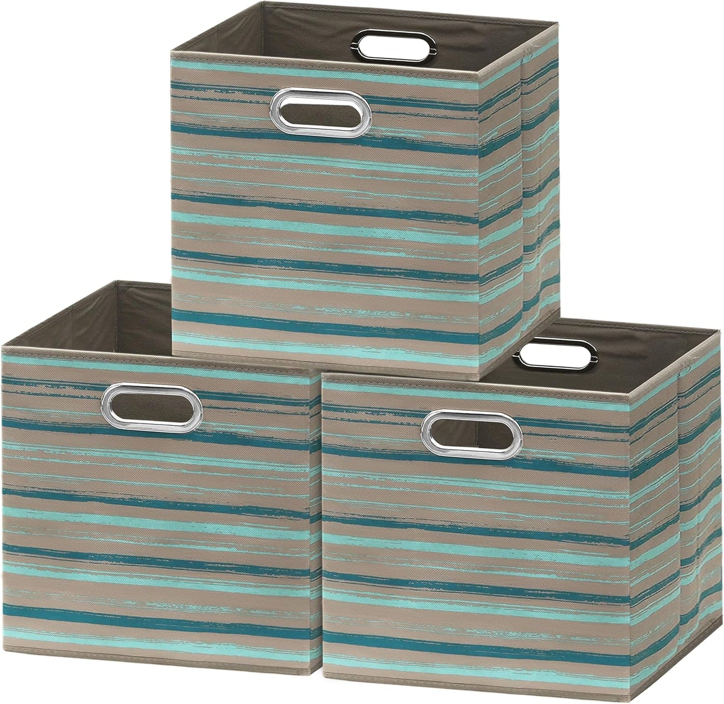 SIMPLE HOUSEWARE 13-Inch Collapsible Fabric Cube Storage Bin with Handles, Printed Design, 3 Pack, Green