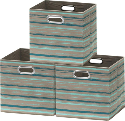 SIMPLE HOUSEWARE 13-Inch Collapsible Fabric Cube Storage Bin with Handles, Printed Design, 3 Pack, Green