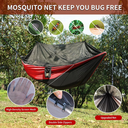 Camping Hammock with Net,Travel Portable Lightweight Hammocks with Tree Straps and Solid D-Shape Carabiners,Parachute Nylon Hammock for Outsides Backpacking Beach Backyard Patio Hiking