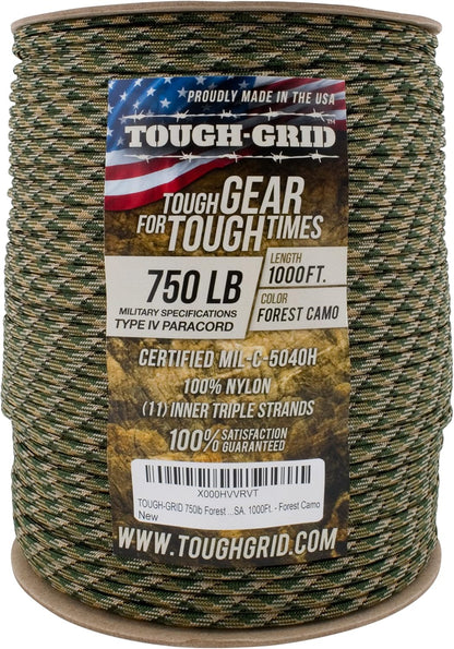 TOUGH-GRID 750 Paracord Rope Nylon Parachute Cord, Made in USA Survival Kit, Outdoor Adventures, Camping, Tactical Gear & Emergency Supplies, Military Type IV Mil-Spec