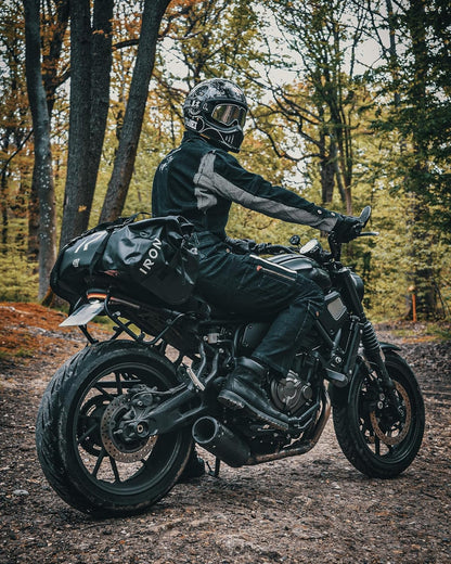 IRON JIA'S Motorcycle Dry Bag - Waterproof Duffle & Luggage Tail Bag Saddle Bags with Roll Top Closure, Shoulder Straps, Inner Pocket and Mesh Pocket (Black, 30L)