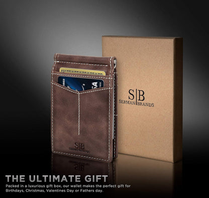 SERMAN BRANDS RFID Blocking Wallet Slim Bifold - Genuine Leather Minimalist Front Pocket Wallets for Men with Money Clip Gift