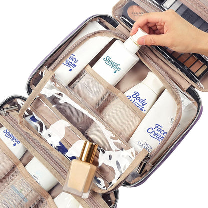 NISHEL Travel Toiletry Bag for women, Portable Hanging Organizer for Travel-Sized Shampoo, Conditioner, Brushes Set, Makeup Accessories, Medium Size, Purple