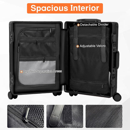 All Aluminum 24 Inch Check In Luggage Hard Shell Suitcases with Spinner Wheels and TSA Lock, Large Zipperless Luggage for Travel, Black