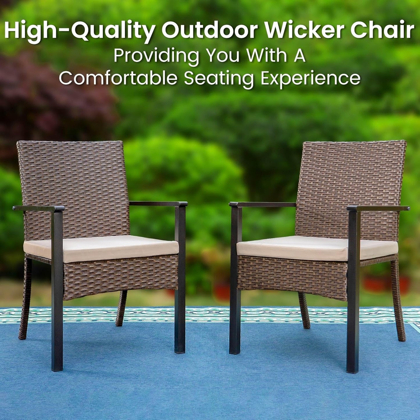 PHI VILLA Outdoor Wicker Chairs Set of 2, Rattan Covered Metal Armchairs with Removable Cushion, Heavy Duty Furniture Set for Patio, Deck, Porch, Yard