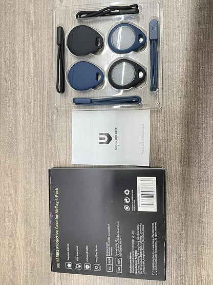 UNBREAKcable Holder for Apple AirTag with Strap- 4 Pack [Fit Tightly Design] [Easy to Install] [Hold Air Tag Securely] Waterproof TPU Shell Protective Case with Nylon Keychain Strap(Black&Blue)