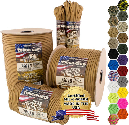 TOUGH-GRID 750 Paracord Rope Nylon Parachute Cord, Made in USA Survival Kit, Outdoor Adventures, Camping, Tactical Gear & Emergency Supplies, Military Type IV Mil-Spec