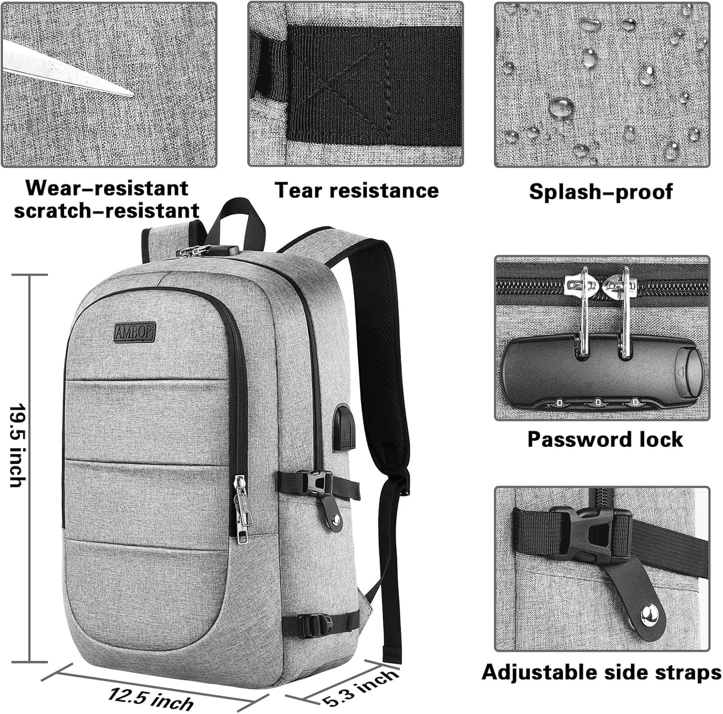 AMBOR Travel Laptop Backpack, 15.6-17.3 inch Anti Theft Business Laptop Backpack with USB Charging Port and Headphone Interface, Backpack for Men & Women, Grey