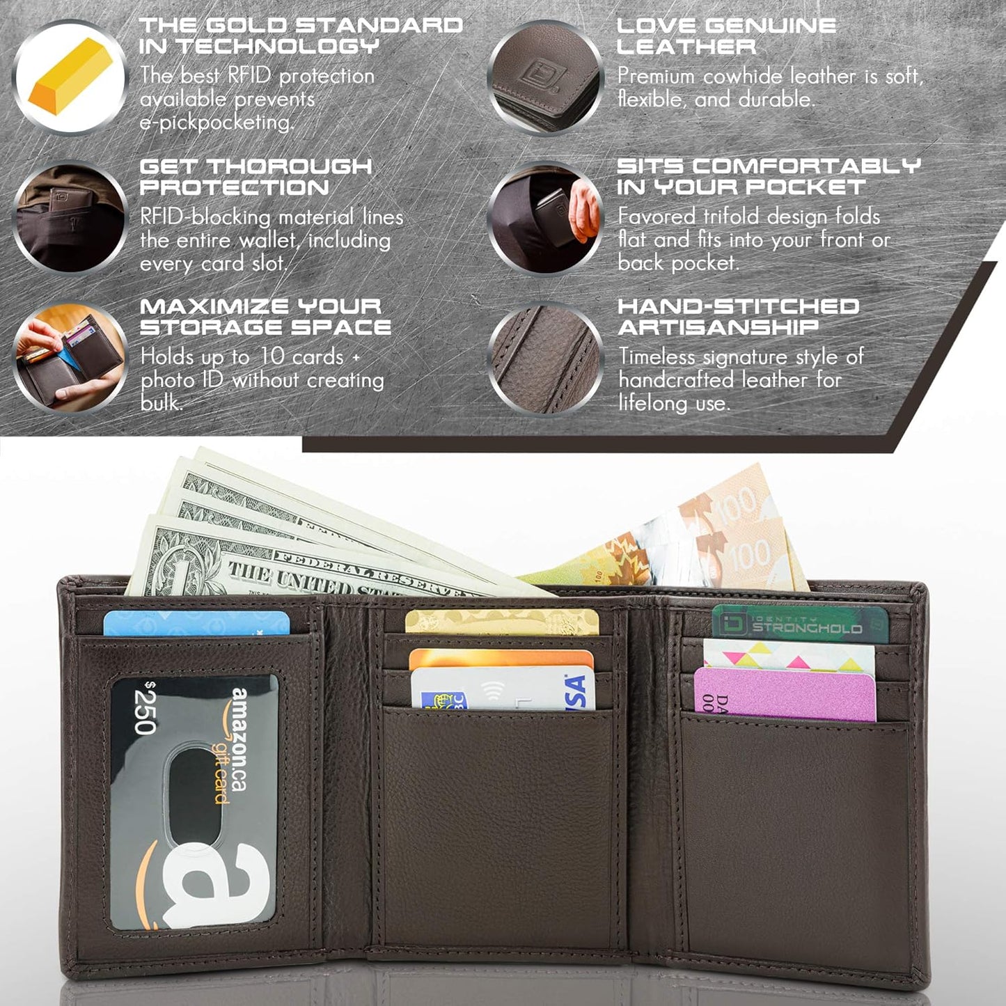 ID Stronghold Men's Leather Trifold Wallet - RFID Blocking - Brown Wallet with Gift Box