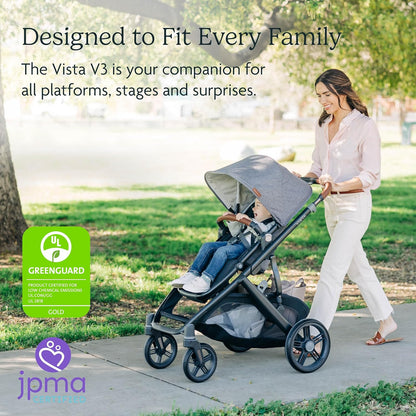 UPPAbaby Vista V3 Stroller - Full-Size Single-to-Double Stroller System - Toddler Seat, Bug Shield, Rain Shield, and Storage Bag Included - Greyson (Charcoal Mélange/Carbon Frame/Saddle Leather)