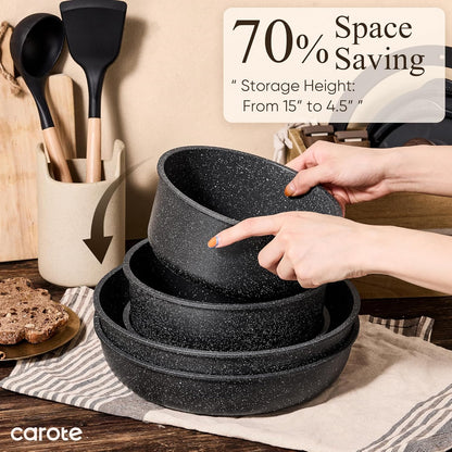CAROTE 17pcs Pots and Pans Non Stick, Cookware Sets Detachable Handle, Induction Kitchen Pots and Pans,NonStick Cooking Set, Oven/Dishwasher/Fridge Safe, Space Saving