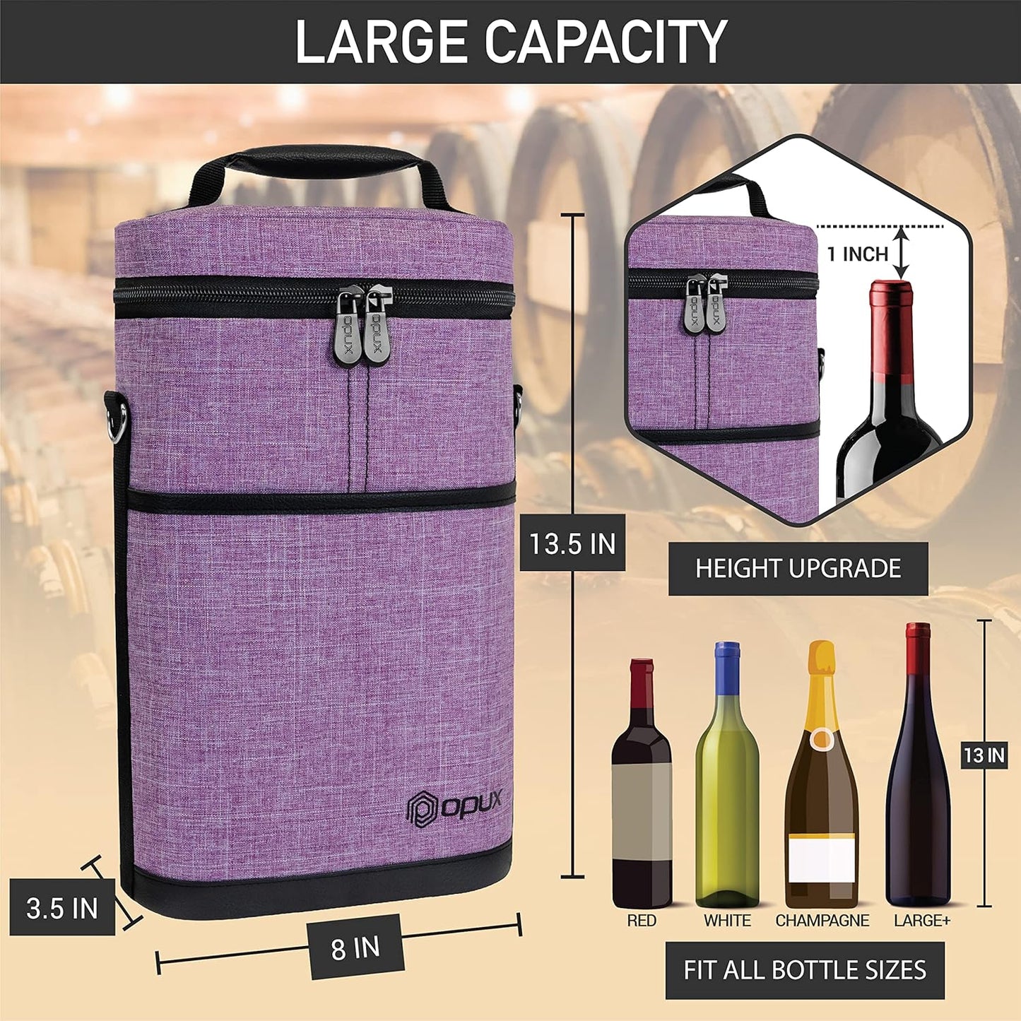 opux 2 Bottle Wine Carrier Tote, Insulated Leakproof Wine Cooler Bag, Wine Travel Bag for Picnic BYOB Beach, Portable Wine Bottle Carrying Case, Gift for Wine Lover Women Men Christmas, Purple