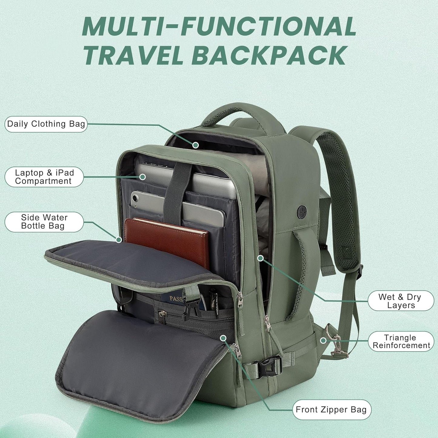 Travel Backpack, Carry on Flight Approved Backpack with Multi-Pockets, TSA Waterproof 17.3inch Laptop Backpack, Personal Item Travel Bag for Men Women, Army Green
