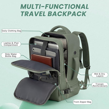 Travel Backpack, Carry on Flight Approved Backpack with Multi-Pockets, TSA Waterproof 17.3inch Laptop Backpack, Personal Item Travel Bag for Men Women, Army Green