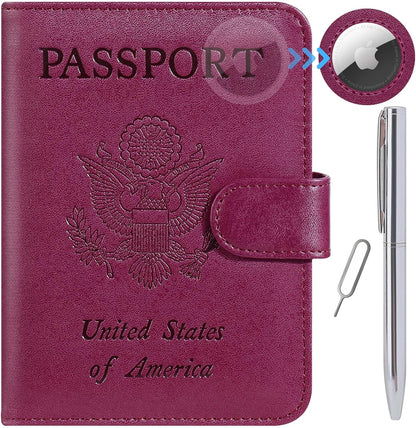 Airtag Passport Holder Cover Wallet RFID Blocking Leather Case Travel Essentials Luggage Accessories Travel Must Have(118#Purple)
