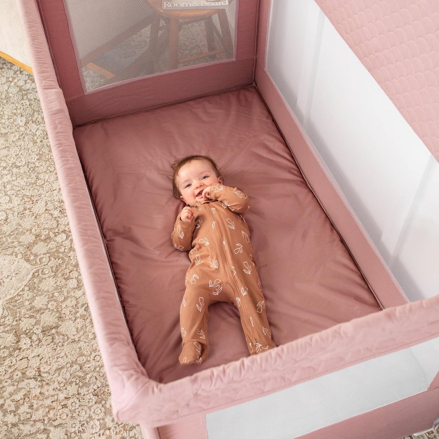 Baby Delight Lunaire Full Size Crib | Breathable Mesh Baby Crib | Tool-Free Assembly Baby Bed | 100% GOTS Certified Organic Cotton Fabric | Organic Rose