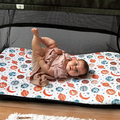 Quiggly Travel Crib Sheets for Guava Lotus, 2 Pack Organic Cotton Jersey Knit, Space, Planet & Star Patterns - Fits Travel Crib Mattress for Boys & Girls