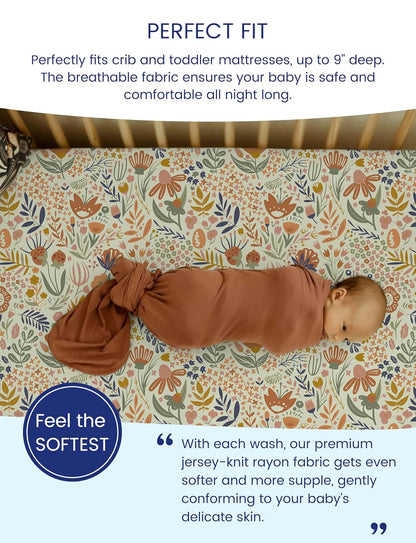 TotAha Crib Sheets for Boys Girls, Buttery Soft Crib Mattress Fitted Sheet, Super Stretchy Jesery Knit Baby Sheet, Silky Comfort Baby Bed Sheets 28x52x9 Extra Deep Pocket(Botanical Garden & Cute Bear)