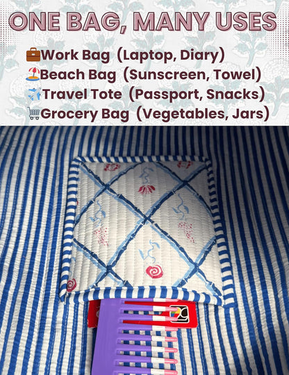 Cotton Quilted Tote Bag for Women – Large Beach & Travel Tote with Zipper, Reusable Grocery Bag