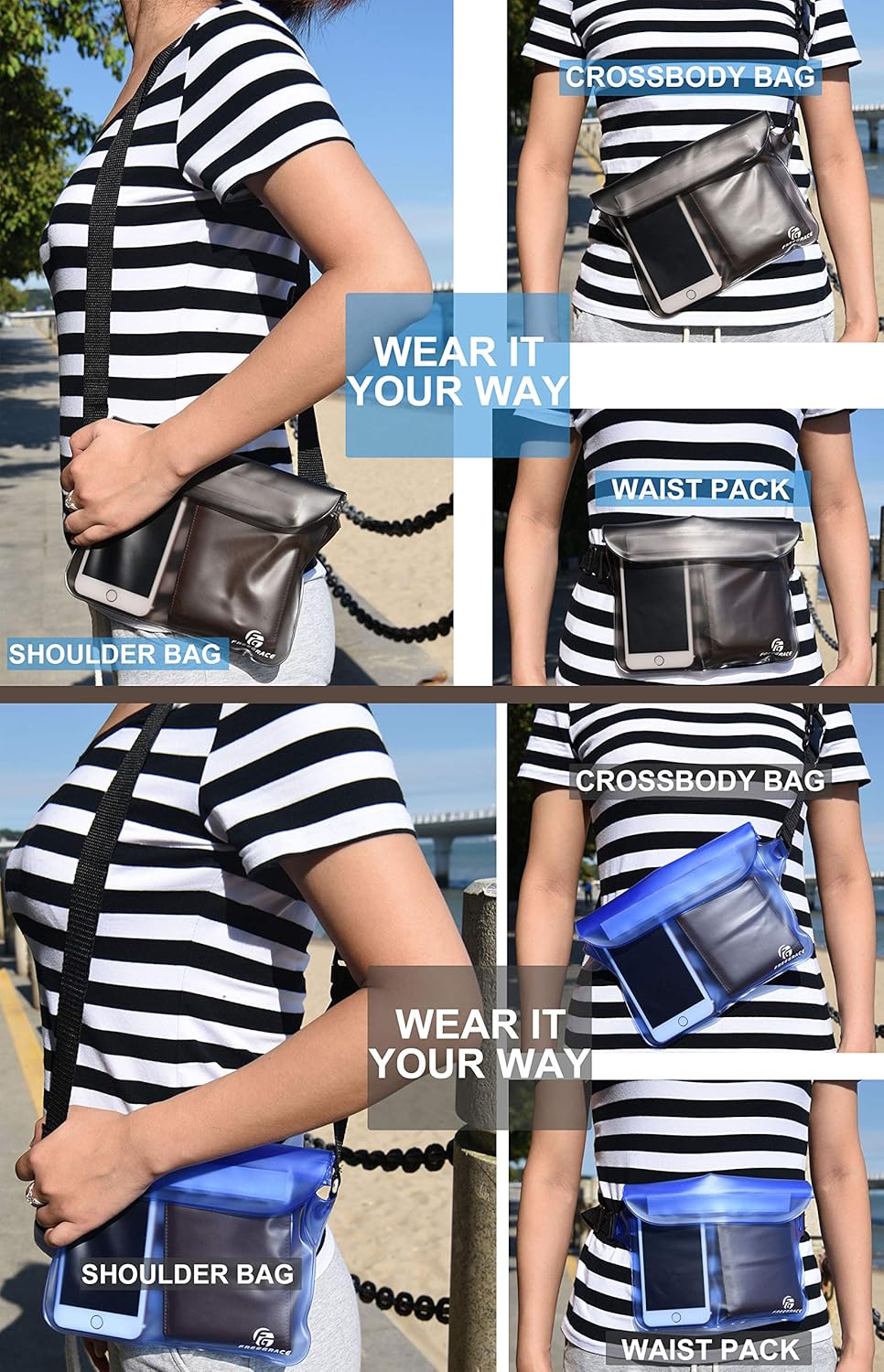 Freegrace Waterproof Pouches with Waist Strap / Pouch Case Bundle Set- Keep Your Phone & Valuables Dry and Safe - Waterproof Dry Bags for Boating Swimming Snorkeling Kayaking Beach Water Parks Pool