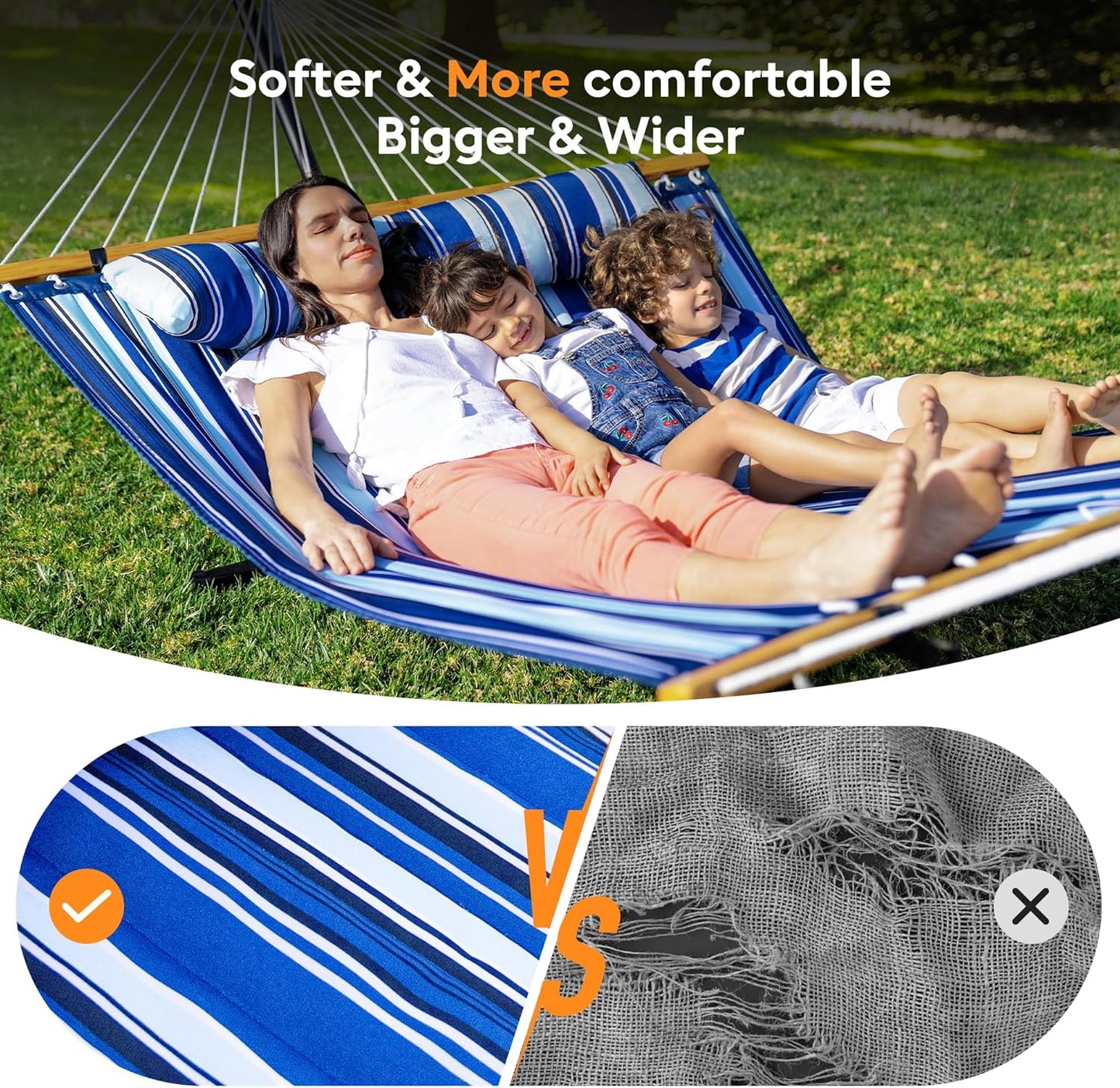 Double Hammock with Spreader Bar,Soft Pillow,Max Load 500lbs,Portable Hammock for Outdoor,Camping,and Backyard,Aqua Blue