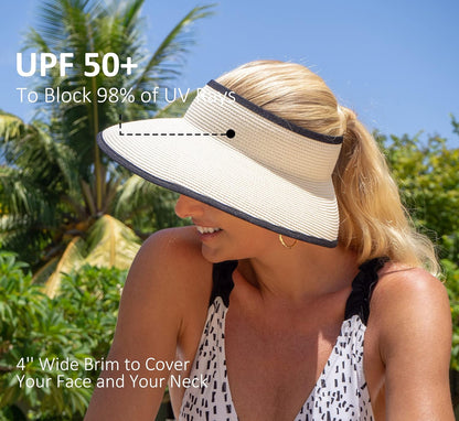 Joywant Womens Sun Visor Hats, Packable Wide Brim Ponytail Beach Hat Straw Visor Summer Beach Vacation Essentials for Womens