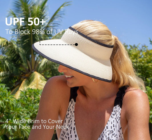 Joywant Womens Sun Visor Hats, Packable Wide Brim Ponytail Beach Hat Straw Visor Summer Beach Vacation Essentials for Womens