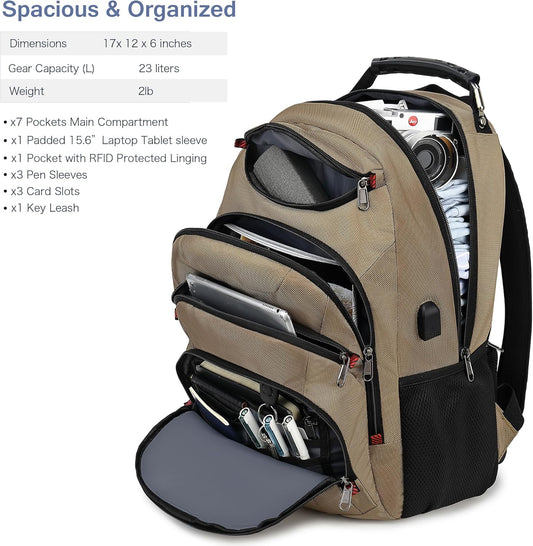Boavan Laptop Backpack for men, 15.6 inch Laptop Bag with USB Port, Waterproof Travel Work Backpack Purse, Anti-Theft Teacher Nurse Doctor Casual Bookbags Office Business backpack，Khaki