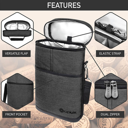 opux 2 Bottle Wine Carrier Tote, Insulated Leakproof Wine Cooler Bag, Wine Travel Bag for Picnic BYOB Beach, Portable Wine Bottle Carrying Case, Gift for Wine Lover Women Men Christmas, Charcoal Grey