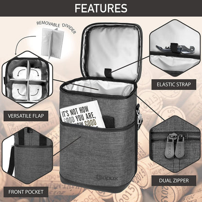Opux Insulated Wine Tote, 4 Bottle Cooler Bag - Leakproof, Padded Portable Carrier for Travel, Picnic, BYOB - Gift for Wine Lovers (Charcoal Gray)