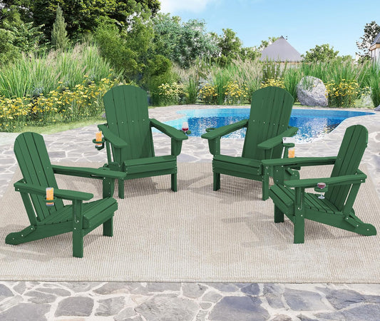SERWALL Adirondack Chair with Cup Holders - Composite Adirondack Chairs Set of 8 HDPE Outdoor Chairs All Weather Use- Green
